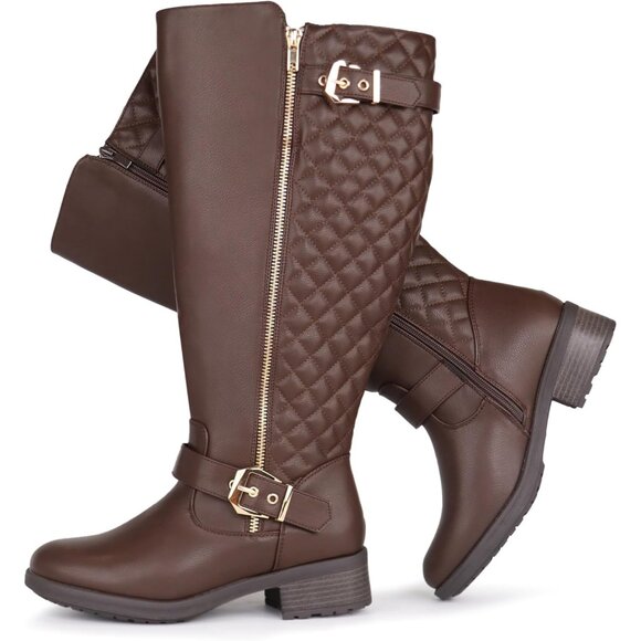 Extra Wide Calf Knee High Riding Brown Boots Double Buckle Retro Chic Style - Picture 1 of 6